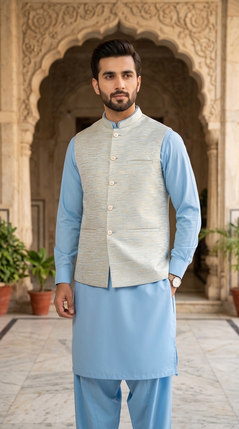 Fancy Textutured Sky Blue Royal Waistcoat Men